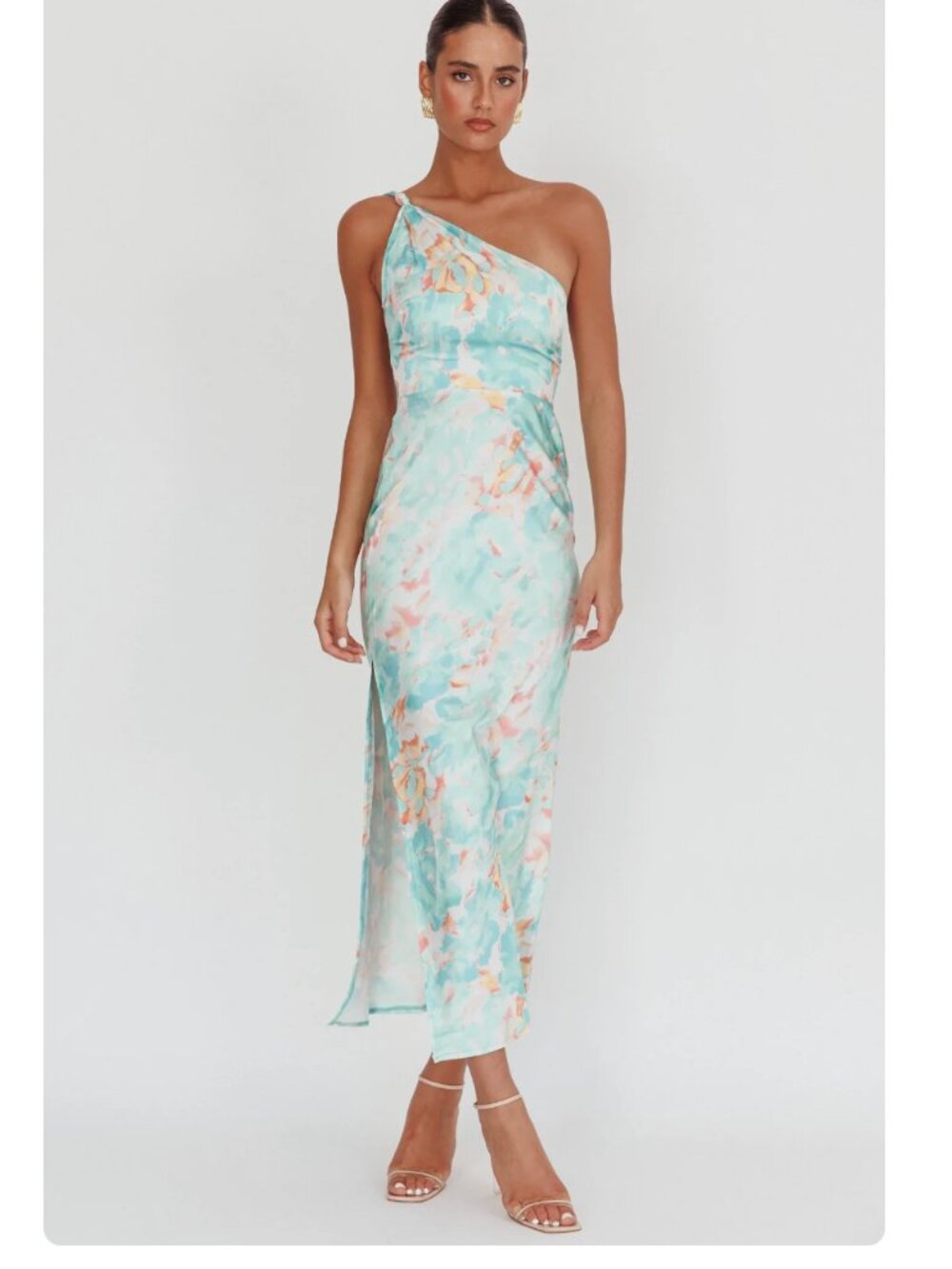 Here Comes the Sun Portland One-Shoulder Maxi Dress Floral Mint Size Large NWT